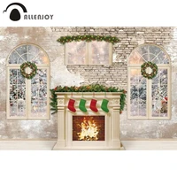 allenjoy merry christmas backdrop new year winter fireplace socks wreath windows snowy trees brick wall background photo props