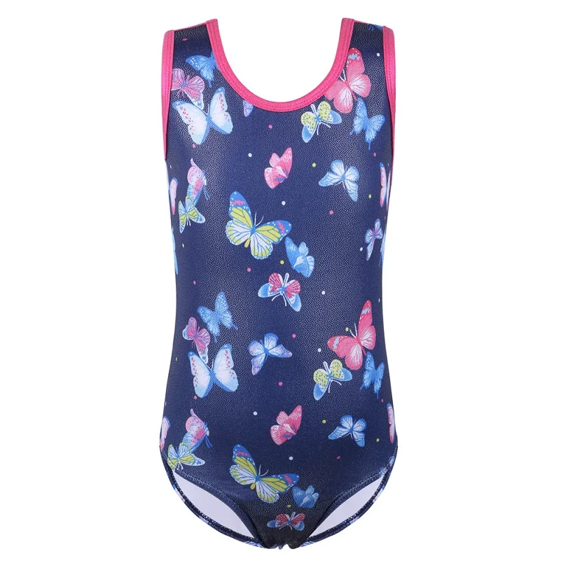 B198 navy butterfly BAOHULU/блестящее трико без рукавов для девочек, Детский костюм для гимнастики, комбинезон с рисунком из мультфильма, Детская Одежда для танцев - Цвет: B198 navy butterfly