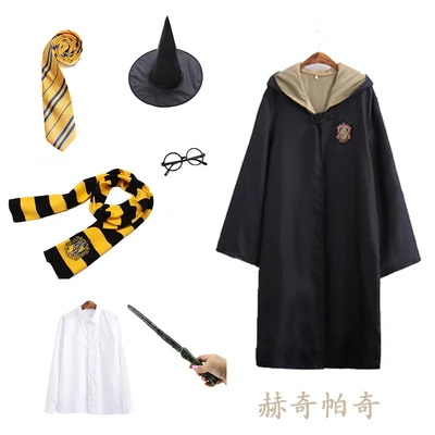 Hufflepuff Гарри Поттера плащ, костюм для косплея халат костюм с жакетом шарфом палочка очки Равенкло Гриффиндор, Хаффлпафф, школа Слизерин форма - Цвет: Hufflepuff