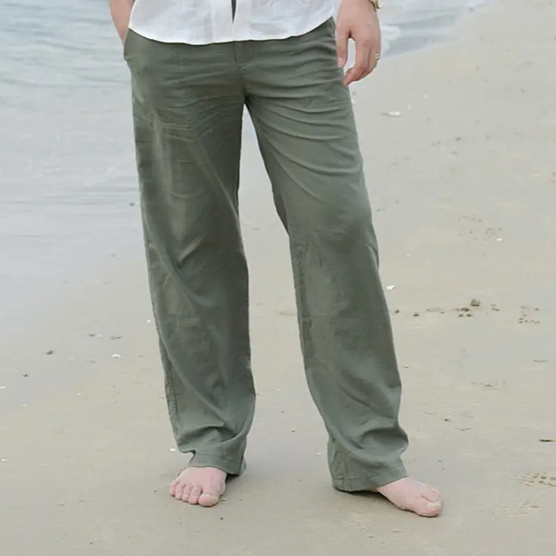 

2021 Mens Nature Cotton Linen Trousers Summer Pants Casual Male Solid Elastic Waist Straight Loose Pants Plus Size Fit