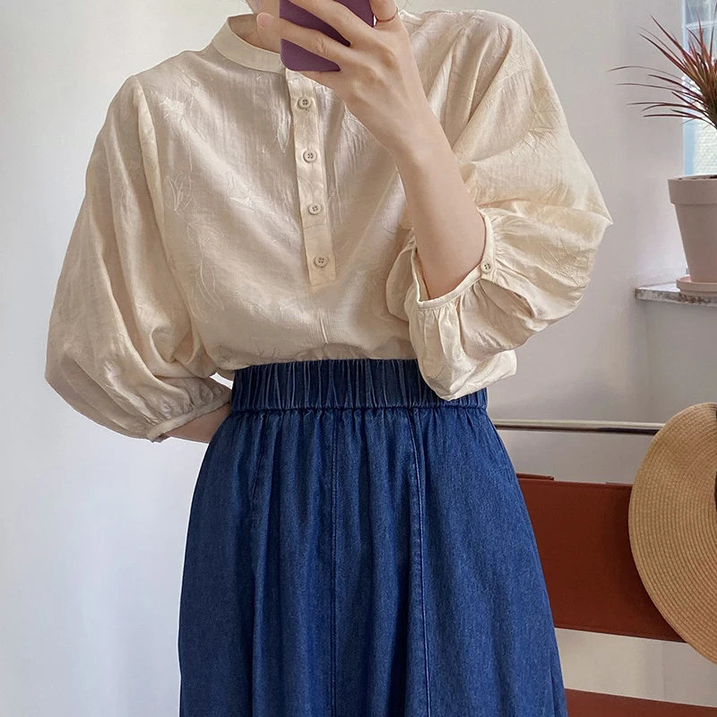 

SISPELL Casual Blouse Shirts For Female O Neck Lantern Long Sleeve Loose Pure Color Womens Blouse Fashion Streetwear New 2021