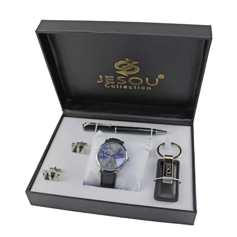 

New fashion luxury men's watch gift box set watches set cufflinks pen quartz wristwatch keychain 4 pcs suit mens father's gift