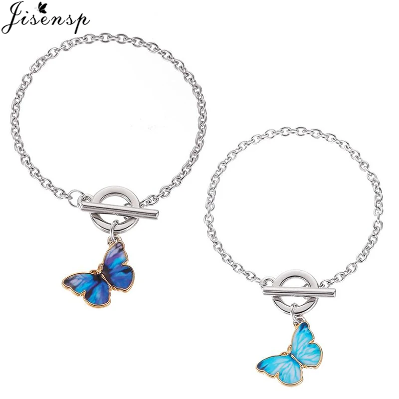 Браслет Kpop с голубыми бабочками для женщин простое украшение на запястье пряжкой