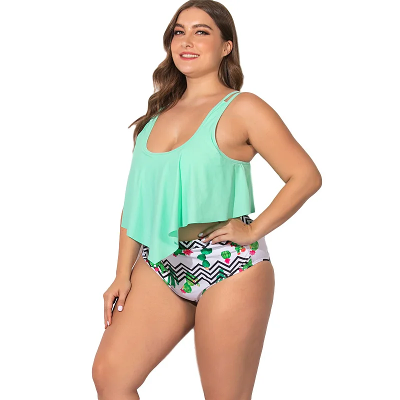 

Luren Plus Size Swimwear Candy Color Cactus Print Super Plus Size Two-piece Suit Sling Flying Swimsuit Triangle Shorts