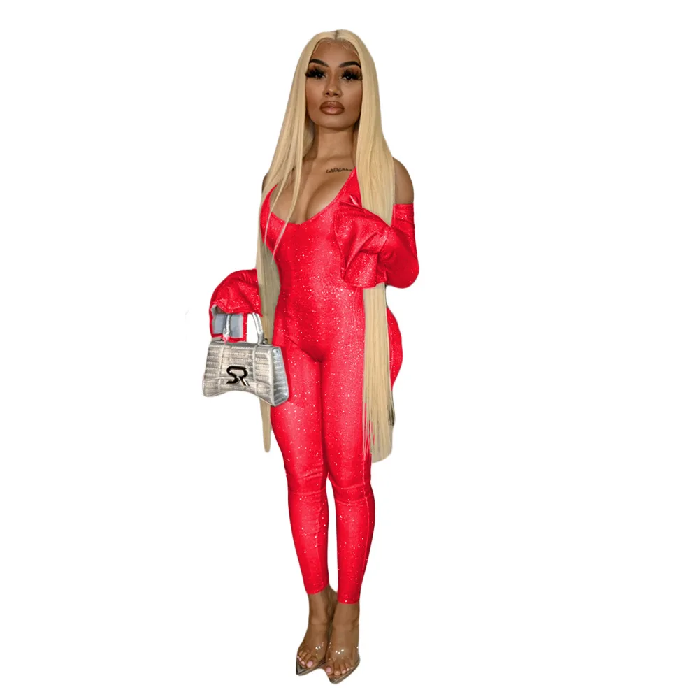 

Bling Bling Off Shoulder Sexy Bodycon Jumpsuit for Women Deep V-neck Long Flare Sleeve Slim Romper Fashion One Piece Club Outfit