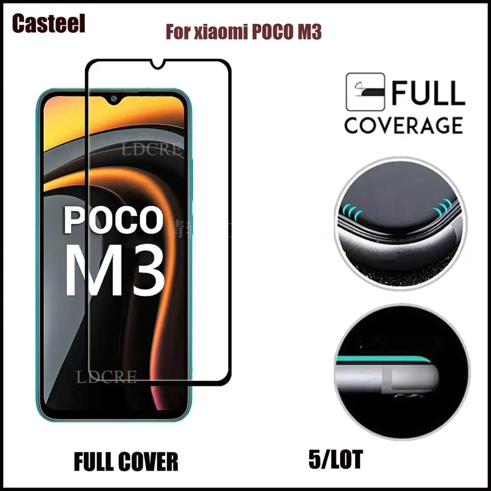

Casteel 5/lot Full Glue Full Cover Series Tempered Glass For xiaomi poco m3 Screen Protector Film
