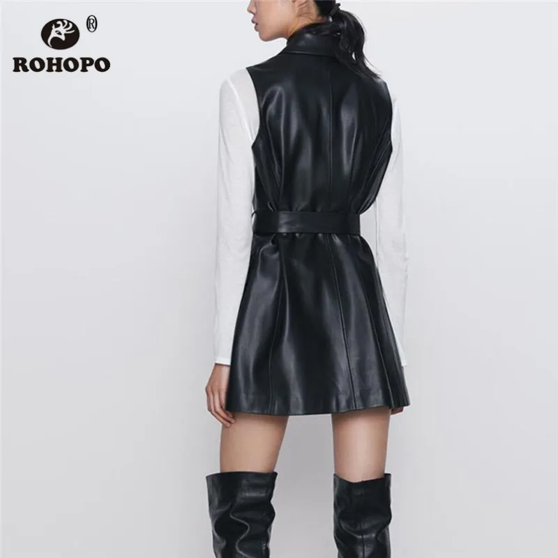ROHOPO Черное мини-платье без рукавов из искусственной кожи с двойной грудью и