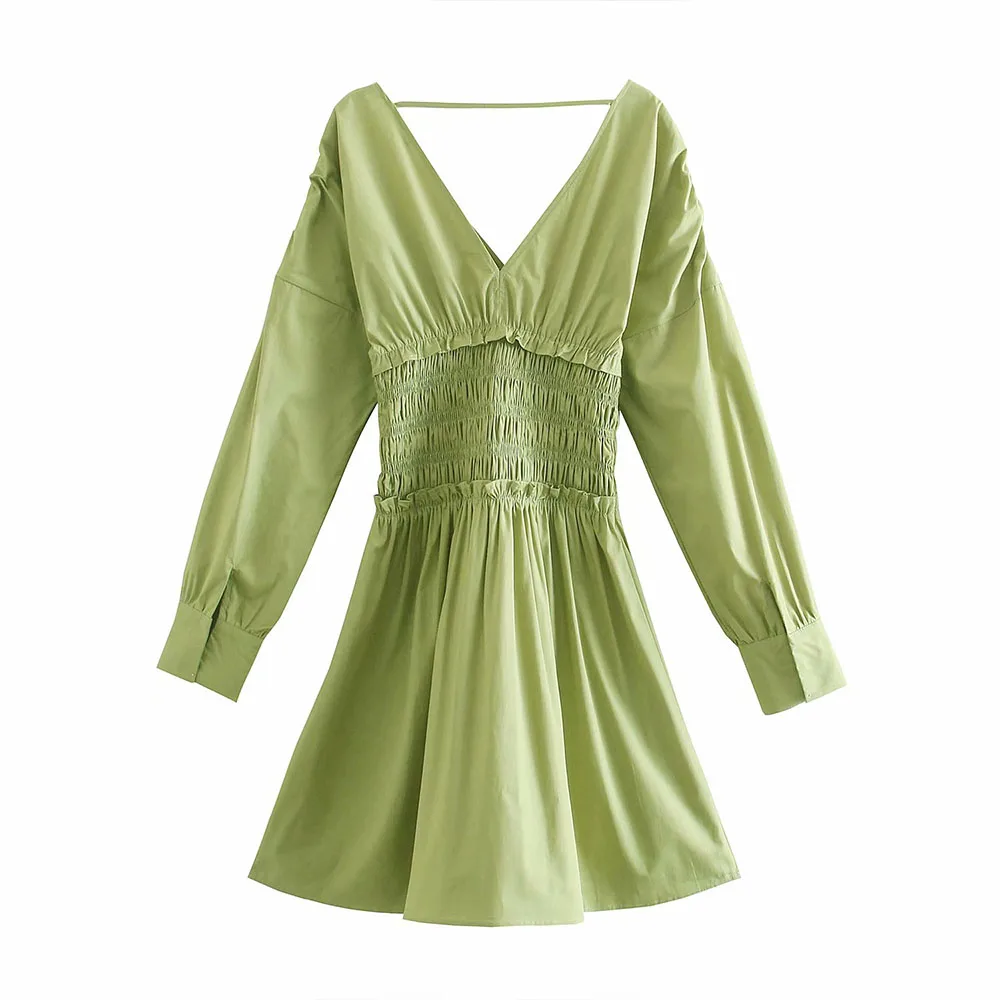

Za Women 2021 Chic Fashion Fruit green V-neck long sleeves Mini Dress Vintage Pleated waist Backless Elastic Female Dresses