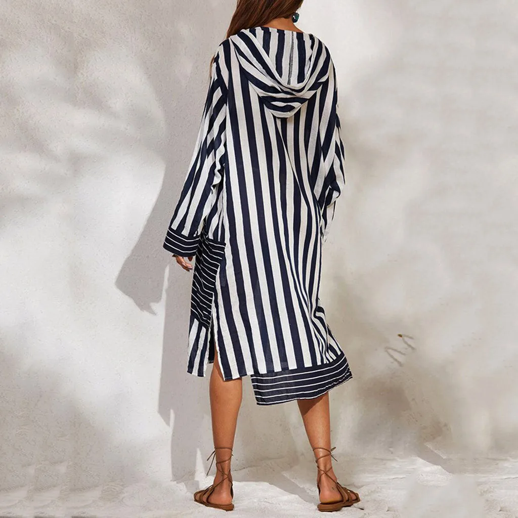 Полосатая свободная пляжная повседневная юбка с v-образным вырезом платье