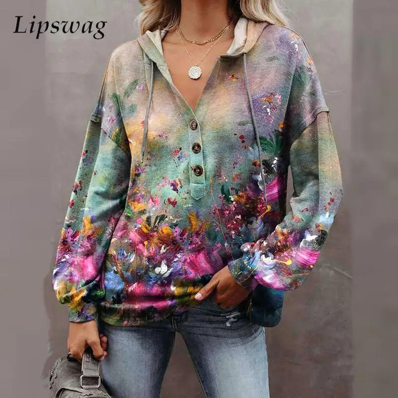 

2022 Women Spring Long Sleeve Sweatshirts Retro Pattern Autumn Hooded Sweatshirts Fashion Drawstring Button Loose Pullover Tops