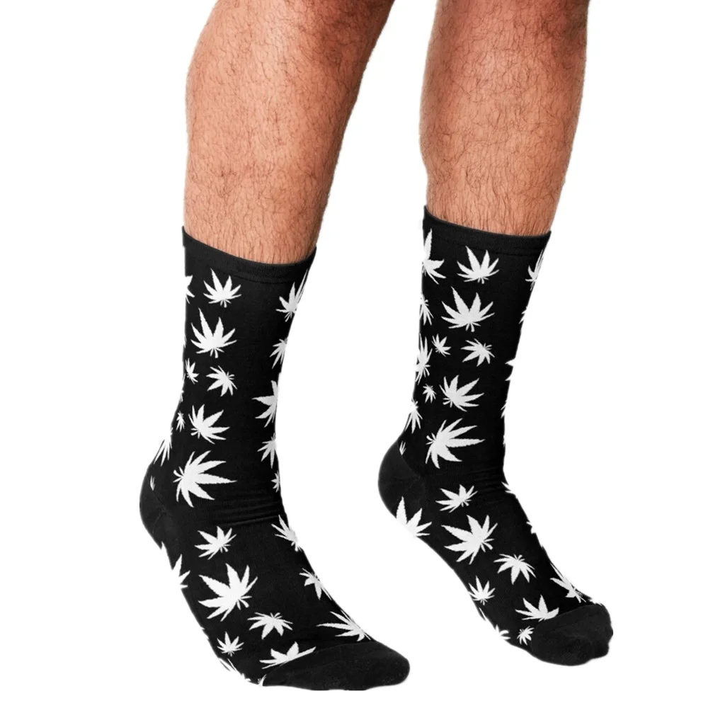 

2021 Men Socks harajuku Liquid Citrus Pot Leaves on Black Printed Happy hip hop Novelty Skateboard Crew Casual Crazy Funny Socks