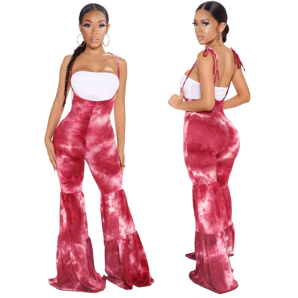

Fashion Easy Matching Women Tie-Dye Printed Jumpsuits Sexy Club Wear Spaghetti Strap Bodycon Bell-Bottomed Rompers 2020 Autumn