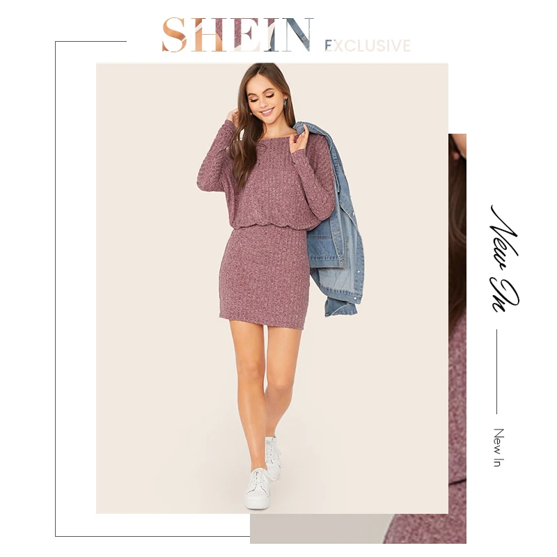 SHEIN Бордовое платье с рукавом летучая мышь, вязанное в рубчик, женское осеннее платье с вырезом лодочкой и длинным рукавом, Дамское приталенное элегантное мини-платье
