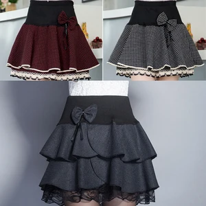 Мини-юбка Женская шерстяная в клетку, с эластичным поясом, с завышенной талией, пышная плиссированная, черная Милая трапециевидная, C365, Осень-зима