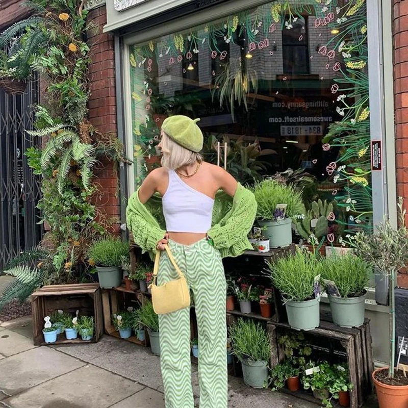 

Ladies Wide-Leg Pants High-Waist Straight-Leg Pants Summer Irregular Wave Printing Stretch 2021 New Casual Fashion High Street