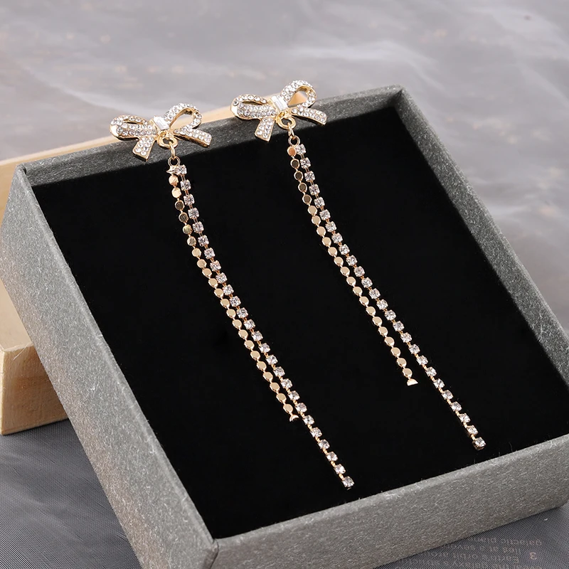 Длинные тонкие серьги с бантом кисточками темпераментные корейские простые