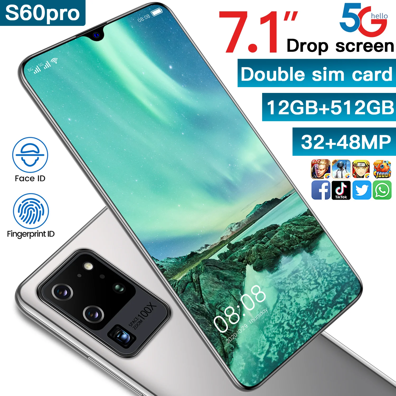 

2021 Galxy S60 Pro Global Version 7.1Inch Smartphone 5G 12+512GB 5600MAH Battery Mobile Phone 32+48MP Camera Cellphone Face ID