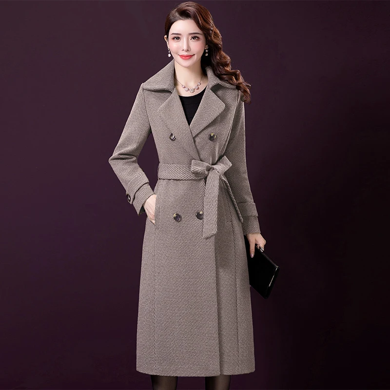 

2021 Winter Fashion Women Woolen Popular Coat Thousand Bird Tweed Double Breasted Casacos Feminino Wool Clothes Tops With Sashes