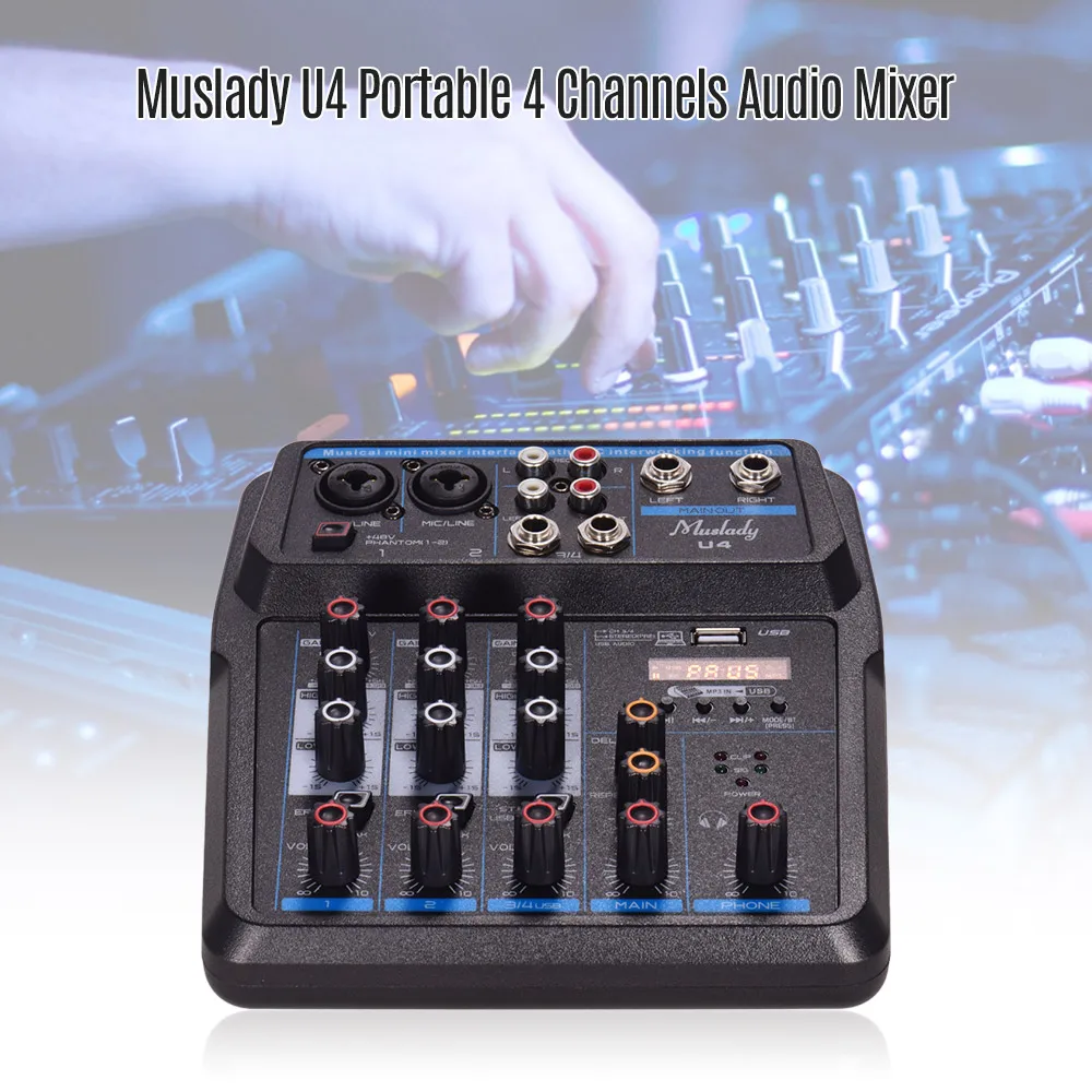

Muslady U4 Portable 4 Channels Audio Mixer BT USB Mixing Console with Sound Card Built-in 48V Phantom Power EU Plug