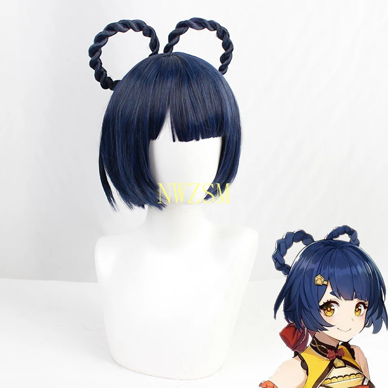 Genshin Impact Xiang Ling Blue Braid Cute Short Heat Resistant Synthetic Hair Carnival Halloween Party Cosplay + Free Wig Cap |
