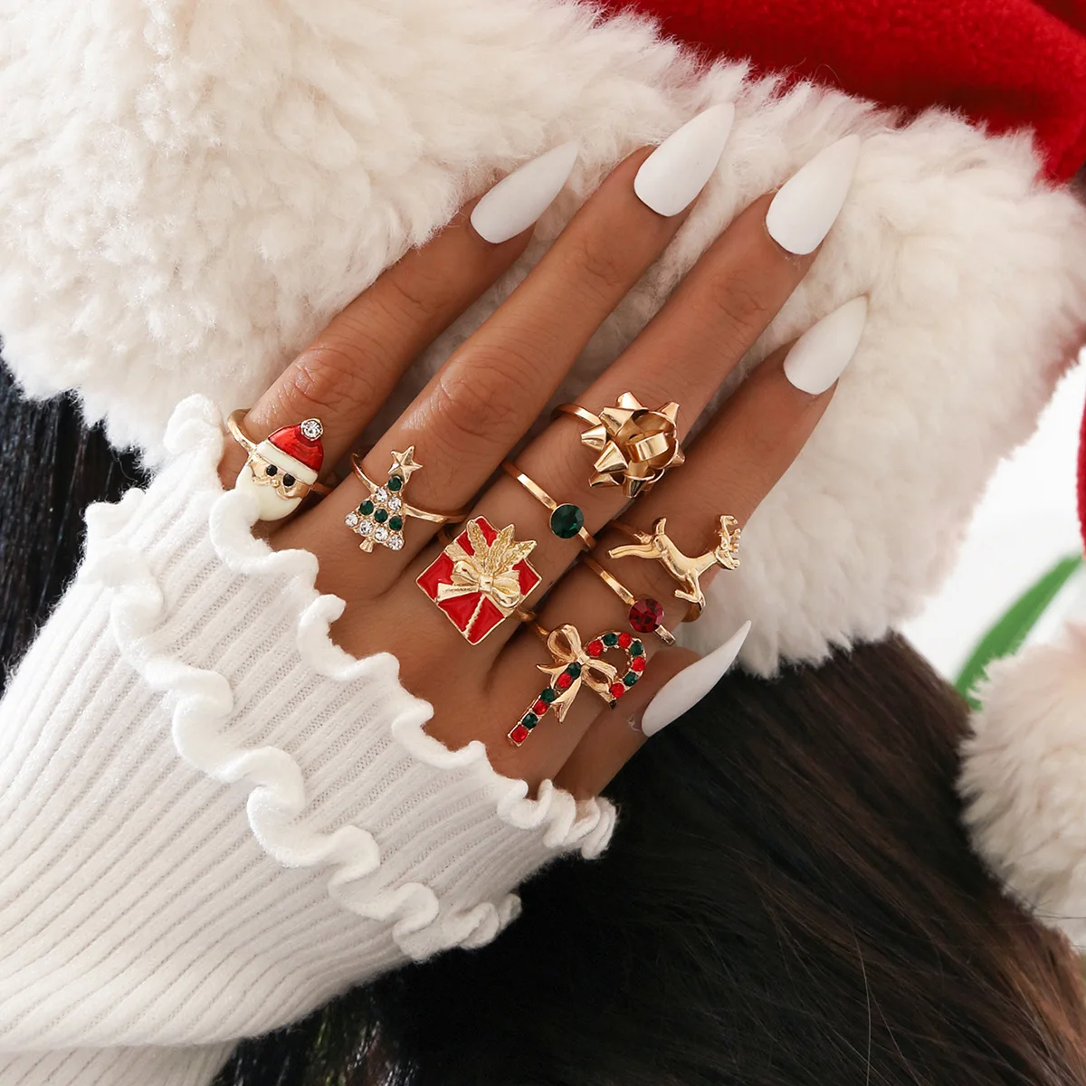 

Children Christmas Tree Ornaments Cartoon Napkin Ring Snowman Elk Candy Cane Rings Set For Women New Year Party Jewelry Gift