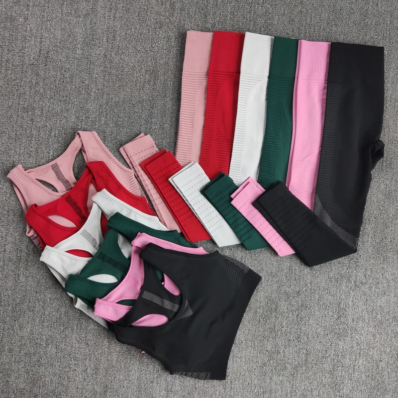 

Yoga Sets Women Sports Suits Seamless Running Fitness Gym Pants High Waist Straps Sport Leggings High Elasticity Free Shipping