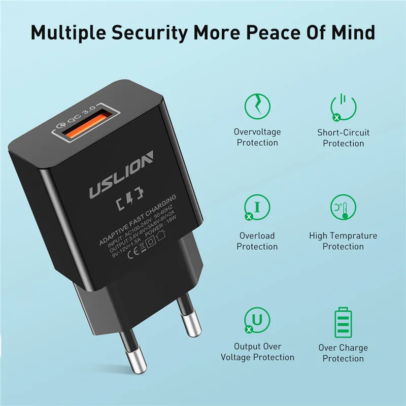 USB-зарядное устройство USLION универсальное с поддержкой быстрой зарядки 18 Вт QC 3 0 |