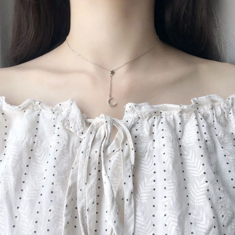 

S925 Sterling Silver Moon Long Zircon Pendant Star Moon Necklace Temperament All-match Style Diamond Clavicle Chain