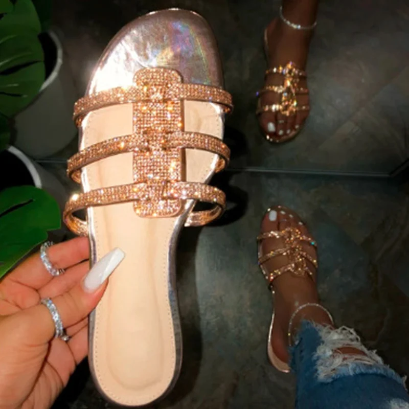 

Dropshipping 2020 Summer Women Crystal Slippers Flat Ladies Gold Elegant Woman Sandals Fashion Beach Outdoor Slides New
