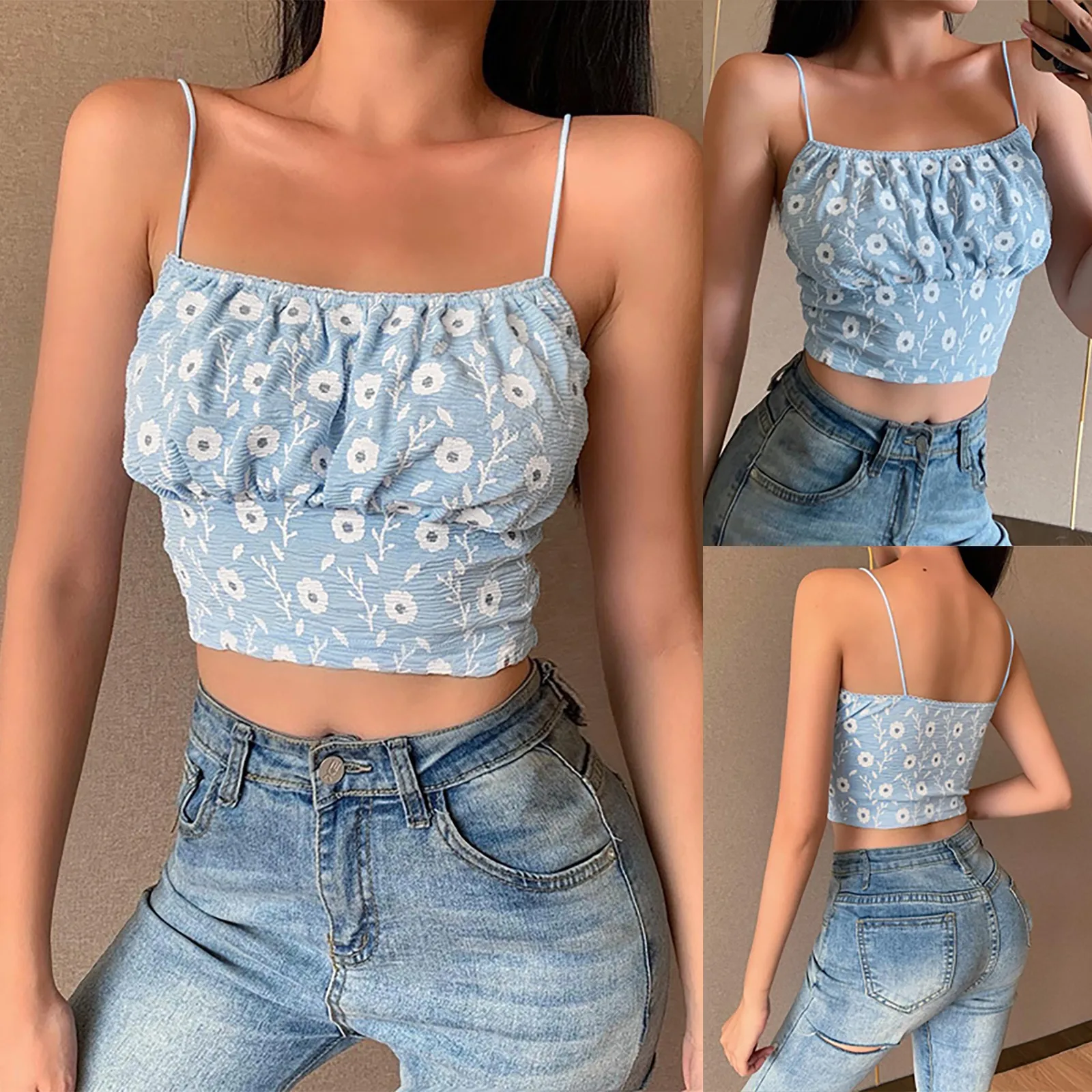 Женские u образным вырезом Спагетти ремень 2021 новый летний Цветочный принт майка