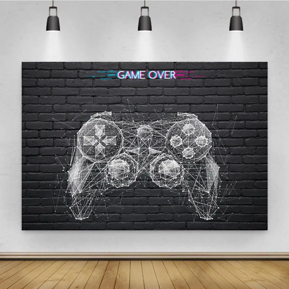 

GAME OVER Gamepad Retro Black Brick Wall Background Boy Birthday Party Decoration Photography Studio 3D Digital Backdrop Cloth