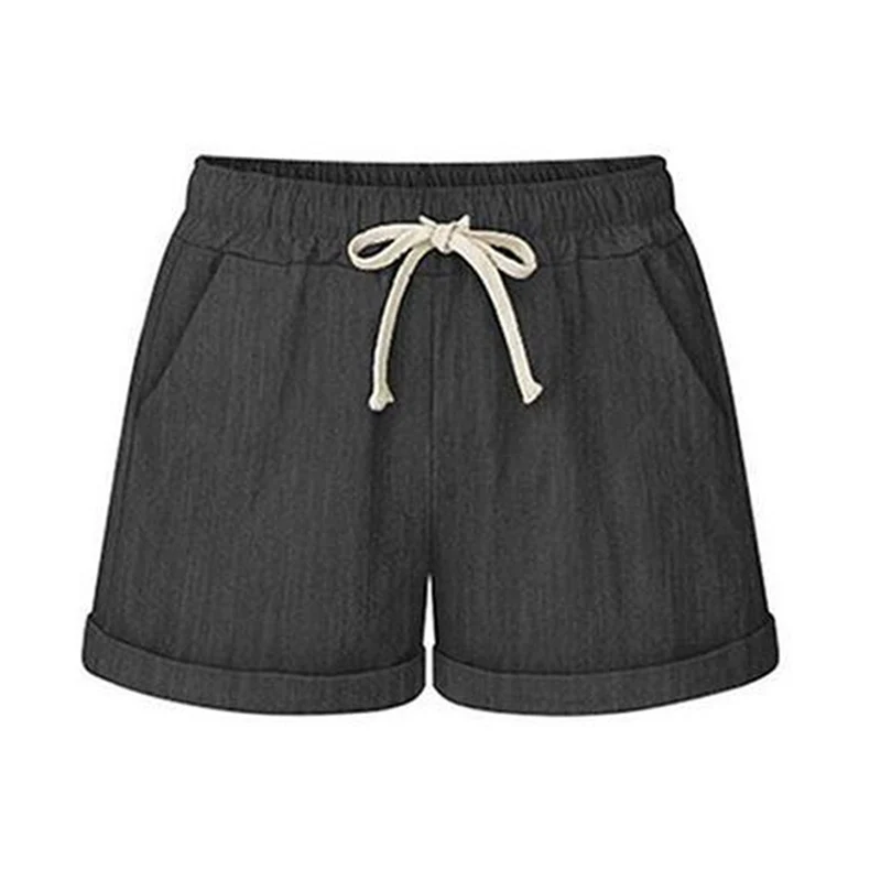 Black grey Женские льняные широкие шорты, популярные летние повседневные однотонные шорты, пляжные шорты с высокой талией, модные женские шорты размера плюс - Цвет: Black grey