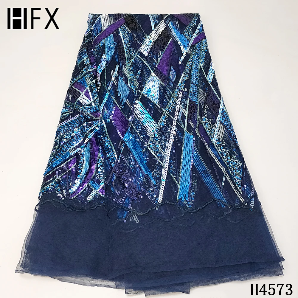 

HFX African Sequence lace fabric 2021 High Quality Glitter Sequins lace fabric French Tulle lace fabric for Evening Dress Party