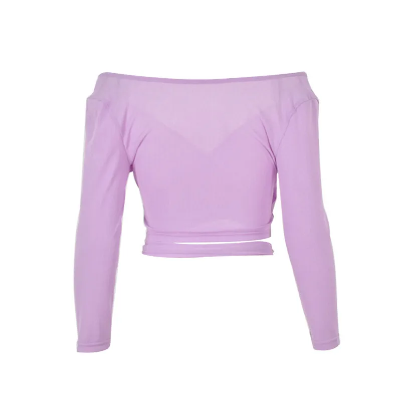 

Purple Surplice Neck Top Women 2021 New Fall Clothing DIY Bandage Wrap Slim Ribbed Skinny Crop Tops High Street Knitted Outwear