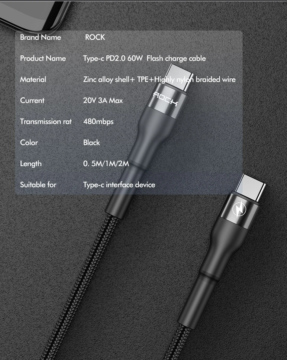 ROCK 60 Вт PD USB C к usb type C кабель для Macbook Xiaomi Redmi Note 8 Pro Quick Charge QC4.0 PD Быстрая зарядка кабель для зарядного устройства