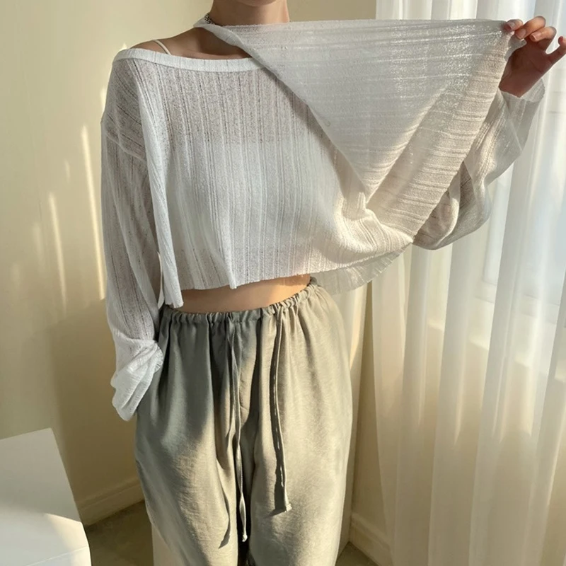 

Женская футболка лето 2021, корейский модный дизайн, однотонный пуловер Джокер с круглым вырезом, дизайнерская Солнцезащитная футболка из дв...