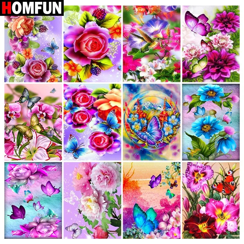 

Картина для алмазной вышивки HOMFUN, алмазная 5D Вышивка «бабочка, цветок», полностью квадратная/круглая, украшение для вышивки крестиком