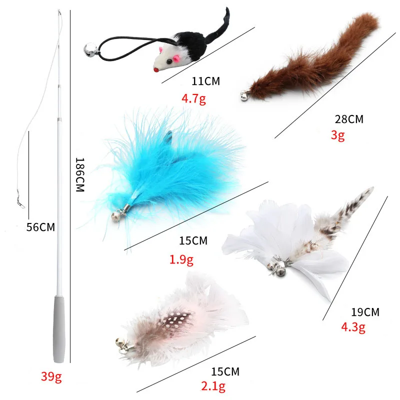 6PC Replacement Cat Feather Toy Stick With Bell Teaser Wand Pet Kitten Interactive Retractable Fishing Road | Дом и сад