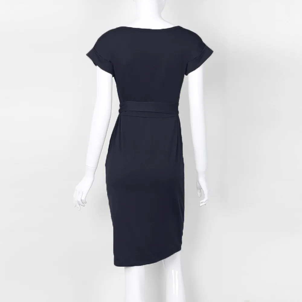 

Womens Casual Pocket Summer Ladies Short Sleeve Evening Party Mini Dress Elegant Robe Femme Streetwear 2021