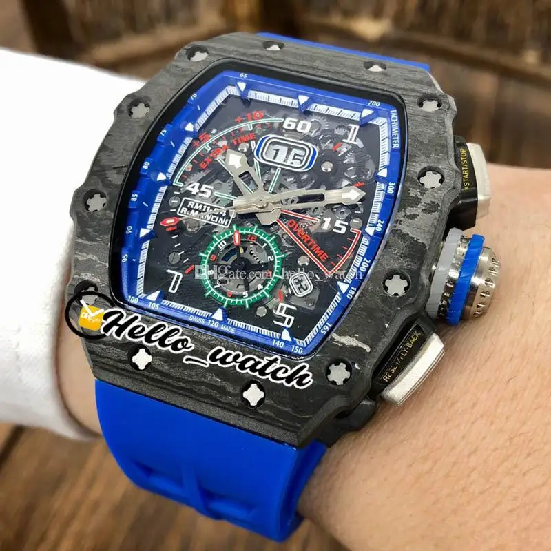 

New Flyback Big Date Top Black Carbon Fiber RM11-04 Miyota Autoamtic Mechanical Skeleton Dial Mens Watch Blue Rubber Watches