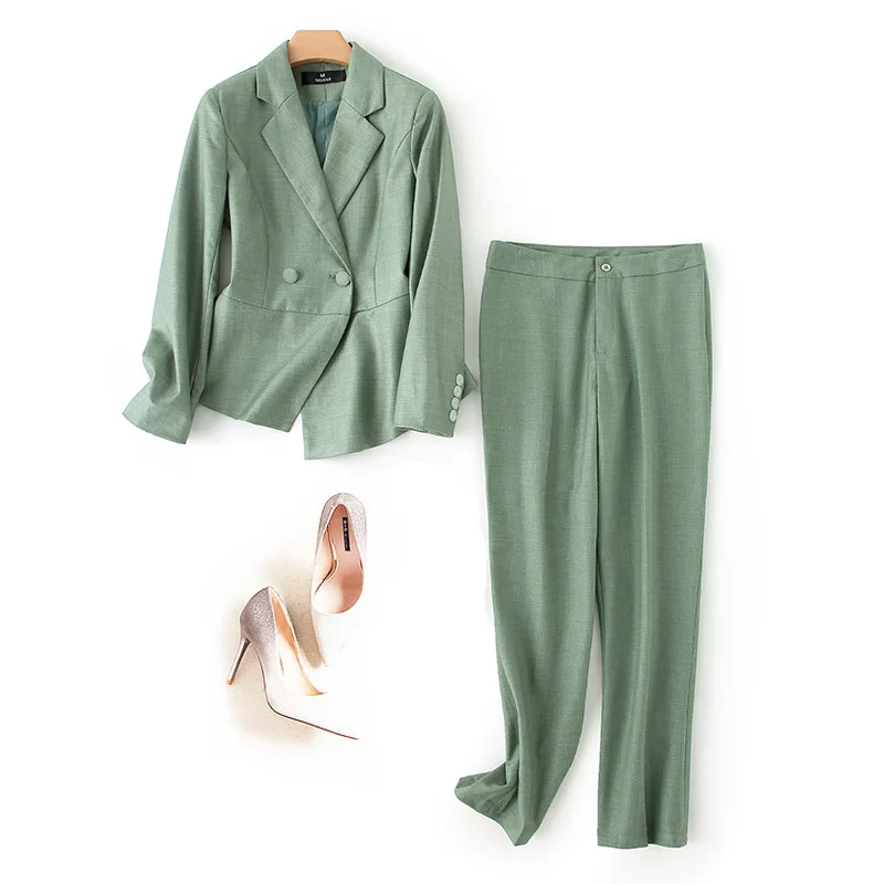 

Женский брючный костюм, двубортный пиджак и брюки зеленого цвета, большие размеры 3XL