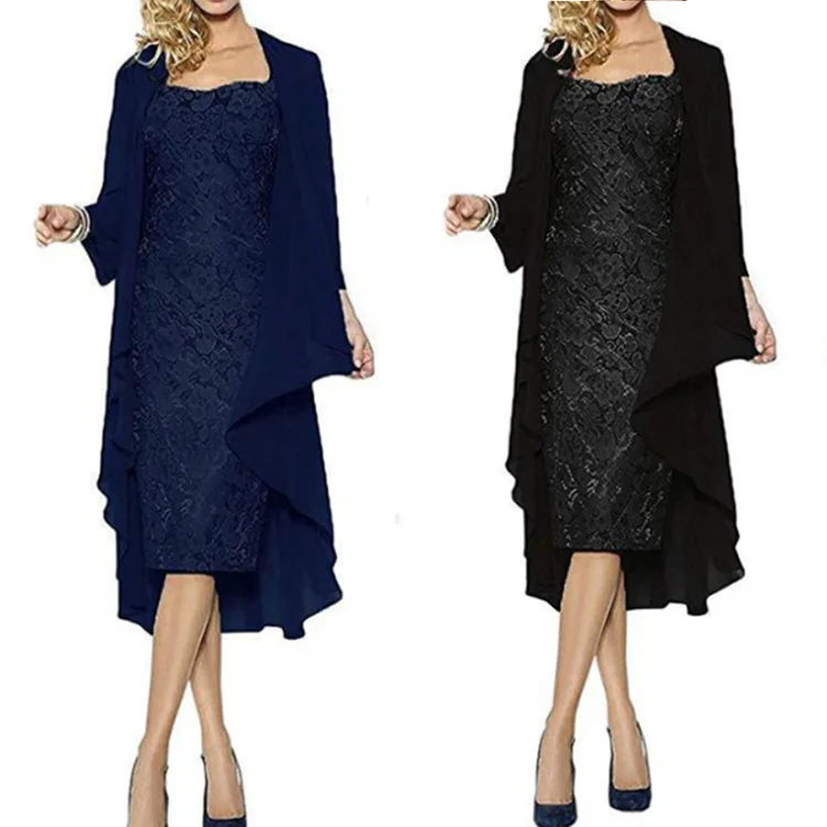 

2019 women's popular autumn fashion elegant Lace Chiffon Dress two piece set