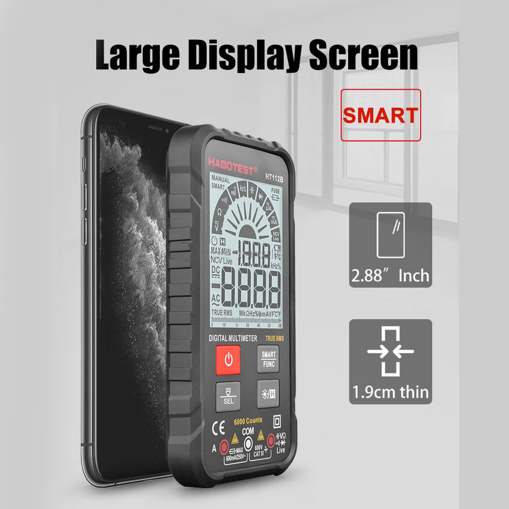 

2-In-1 Smart Digital Multimeter True RMS Multimetro Auto Range 600V Voltmeter Amp Ohm Hz Capacitance Battery Tester HT112B