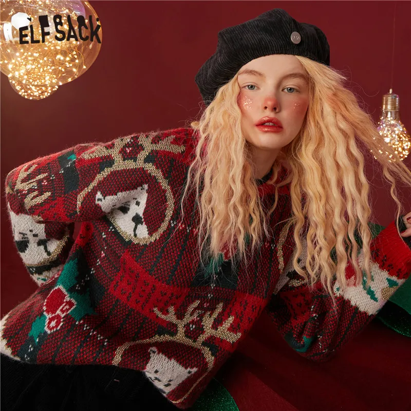 ELFSACK Christmas Bear jacquard Casual Knit Pullover Women Sweaters,2021 Winter ELF Vintage Full Sleeve,Korean Ladeis Daily Tops