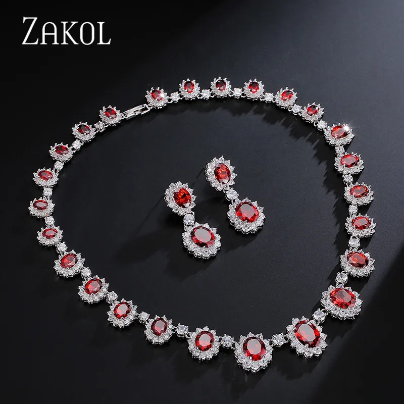 Red Изысканный Овальный набор ювелирных изделий ZAKOL из голубого циркония с микро инкрустацией с роскошным белым цветом для подружки невесты ювелирные изделия FSSP018 - Окраска металла: Red