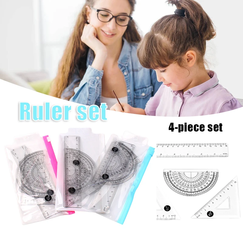 

4Pcs Ruler Set Geometry Triangle Straightedge Multifunctional Math Drawing Caliper Stationery Rulers for School GDeals