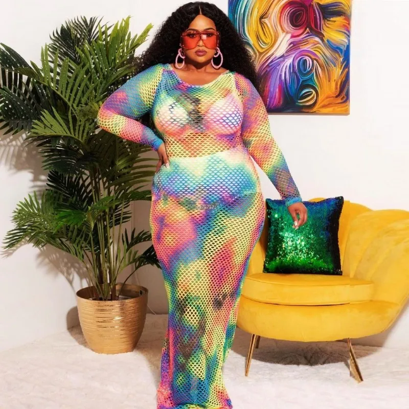 

Tie Dye African Maxi Dress Women Full Sleeve Mesh Hollow See Through Robes Summer New Fashion Sexy African Beach Dress Cover Ups
