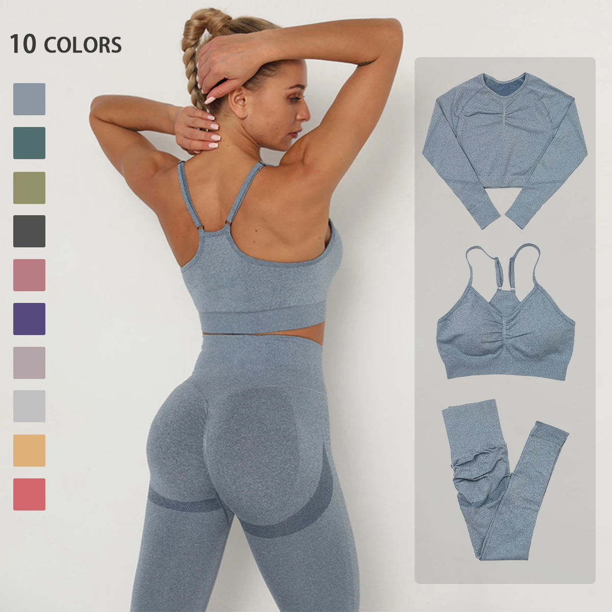 

Seamless Yoga Set Women Workout Sportswear Gym Clothing Fitness Long Sleeve Crop Top High Waist Leggings+ Bra Sports Suits