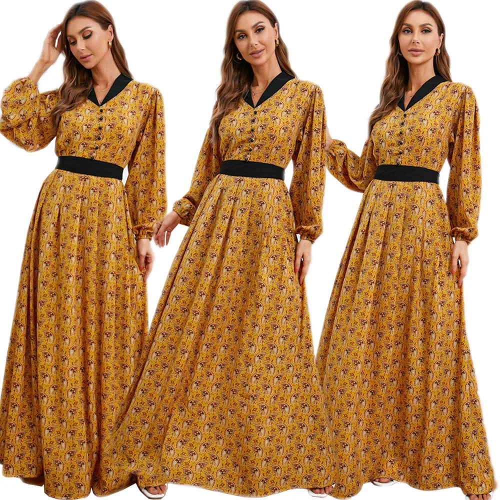 

Fashion Bohemian Muslim Printed Long Dress Ethnic Loose Long Sleeve Maxi Robe Women Abaya Islamic V-neck With Belt Arab Gown New