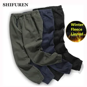 Мужские теплые брюки-карго SHIFUREN, повседневные хлопковые брюки полной длины из плотного флиса с эластичной талией, для зимы